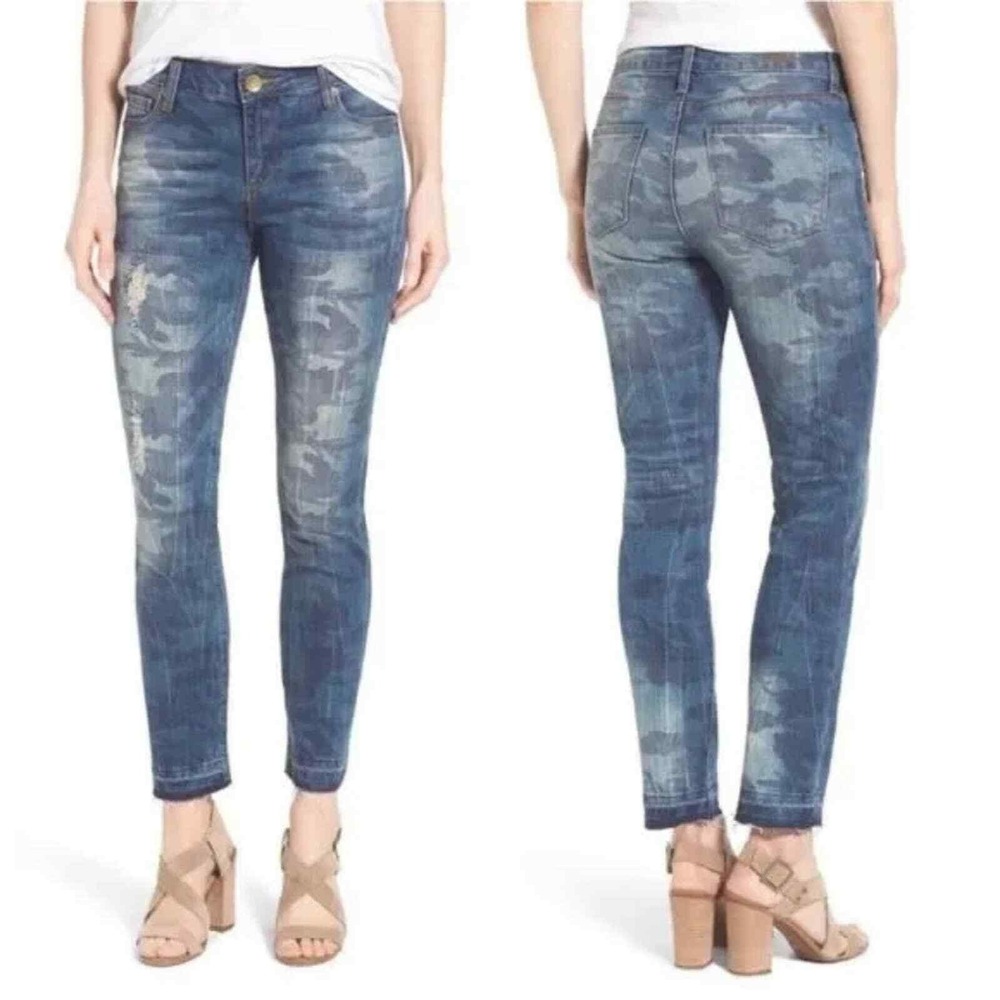 Kut From the Kloth Reese Ankle Straight Leg distressed Jeans in Blue Camo Size 6